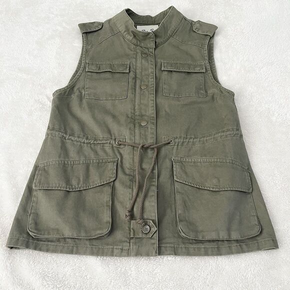 Per Se Utility Vest Women Size M Cargo Hunter Green Pockets Waist Drawstring - Picture 5 of 14